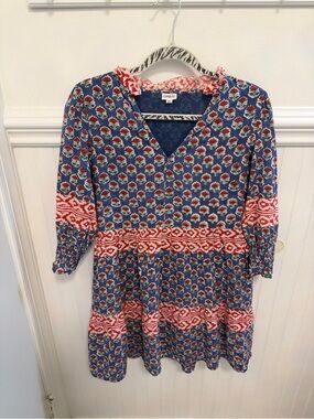 Blue Floral Mini Dress with Red Banding